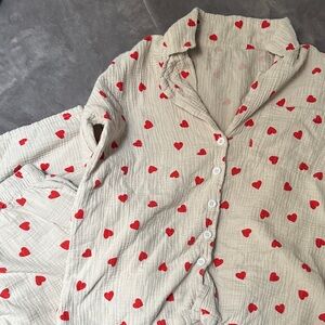 Cream Button-Up Top with Red Heart Print and matching pants